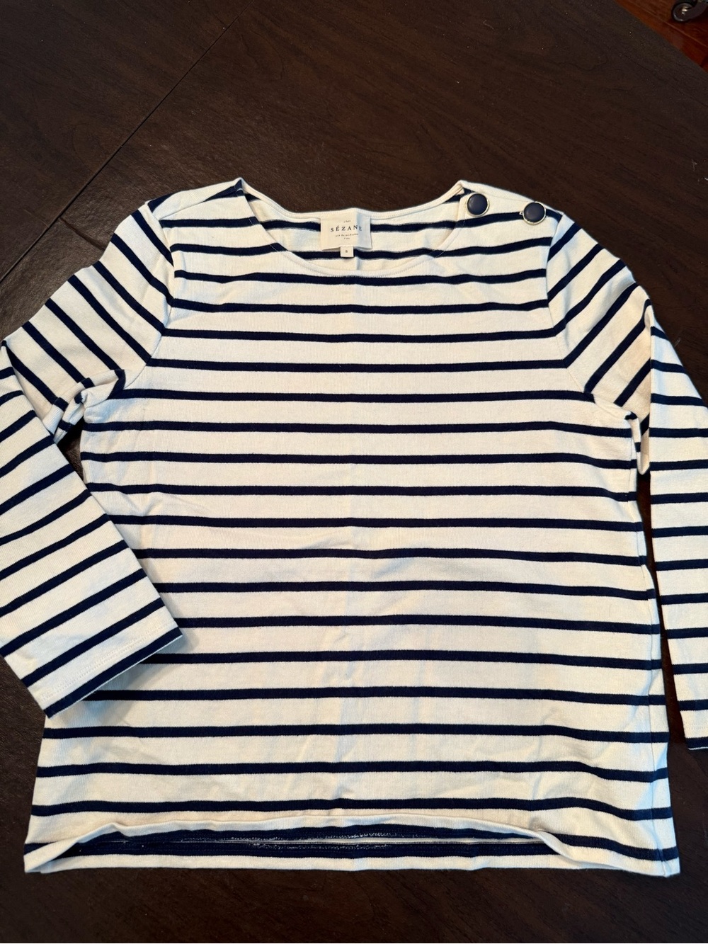 Sezane Colette Mariniere Navy and Cream Striped Long-Sleeve Tee for Kids